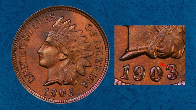1903 Indian Head Penny DDO FS-101 close-up showing doubled LIBERTY letters on the headband under magnification