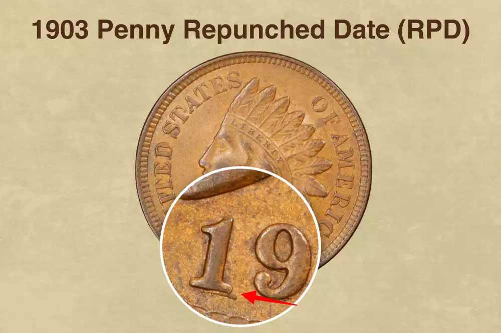 1903 Indian Head Penny Repunched Date FS-304 close-up showing doubled digit impressions on the date numerals
